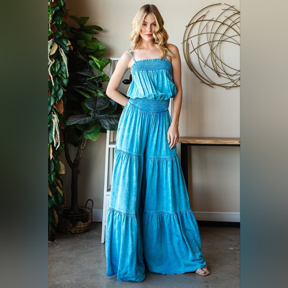 Oli & Hali Tencell Flourished Beauty Mineral Washed Ruffled Jumpsuit Wide Leg